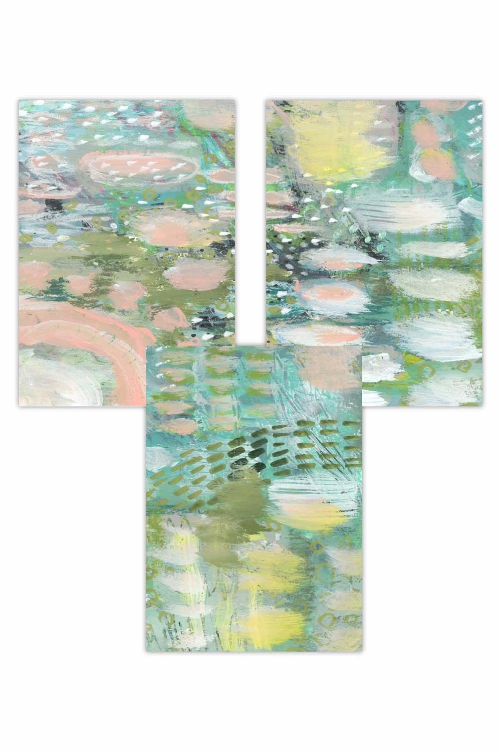 Set of 3 Abstract lily Pond in Green and Pink Art Posters